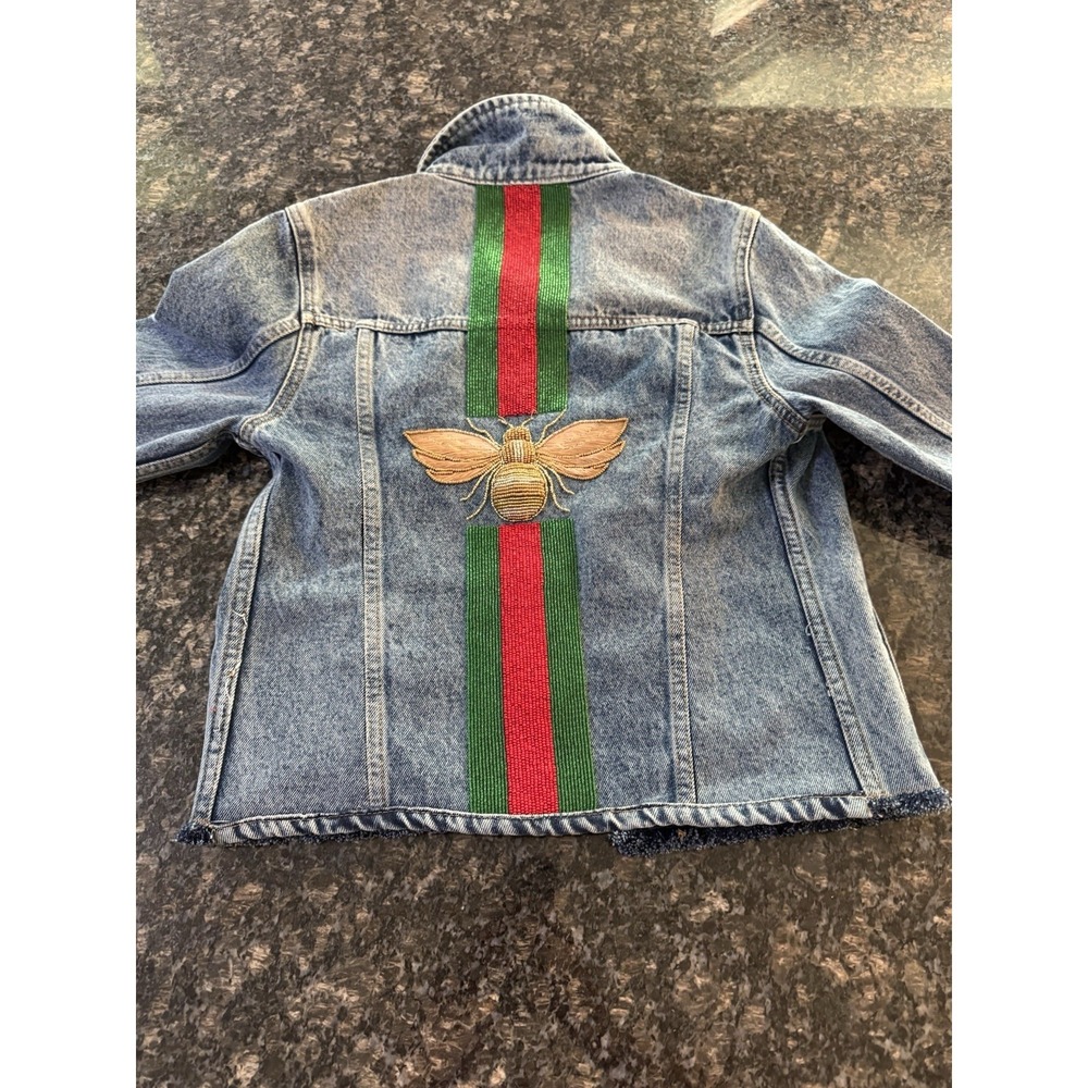 Embroidered Bee Stripe Denim Jacket - Blue with Green & Red Stripe